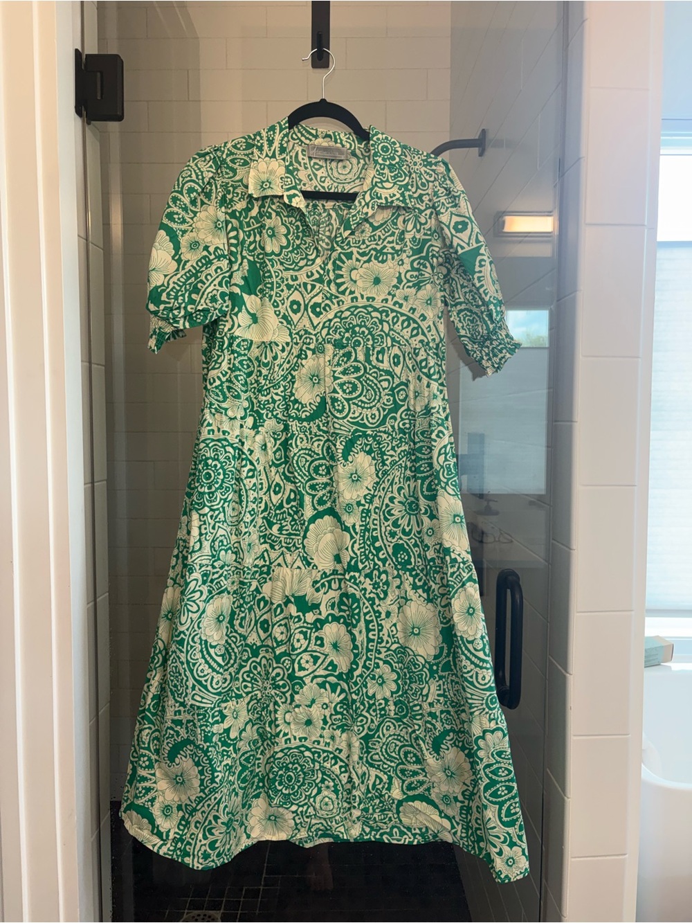 Green Floral Paisley Midi Dress - Collar Button Front